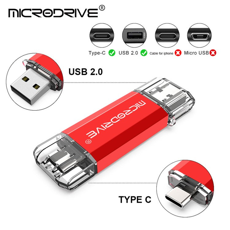 MICRODRIVE 64GB 2-in-1 USB 2.0 / Type-C U-Disk Phone Laptop Computer Flash Disk - TechGearPal