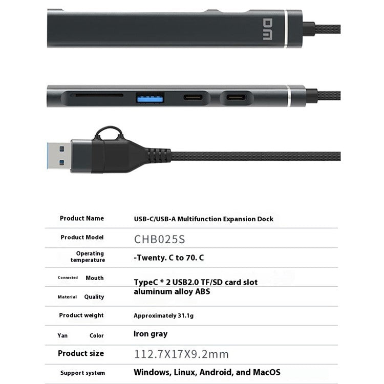 CHB025S USB-C Hub USB-A Multiport Docking Station with USB 2.0, 2xUSB-C SD / TF Card Reader for Laptop / PC - TechGearPal