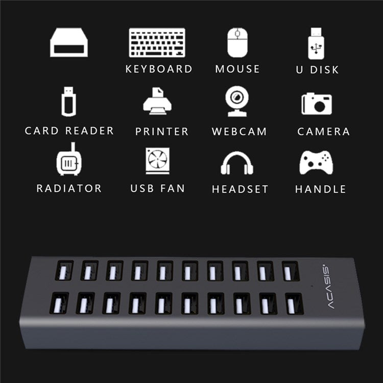 ACASIS H037 USB2.0 Hub Multi-Function Extended 20-Port Hub Adapter with Power Supply Por - TechGearPal