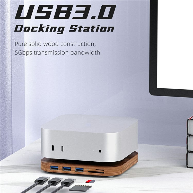 AJM4-H For Mac Mini M4 / M4 Pro Wooden Expansion Dock USB 3.0 Hub Stand with TF / SD Card Reader Base - TechGearPal