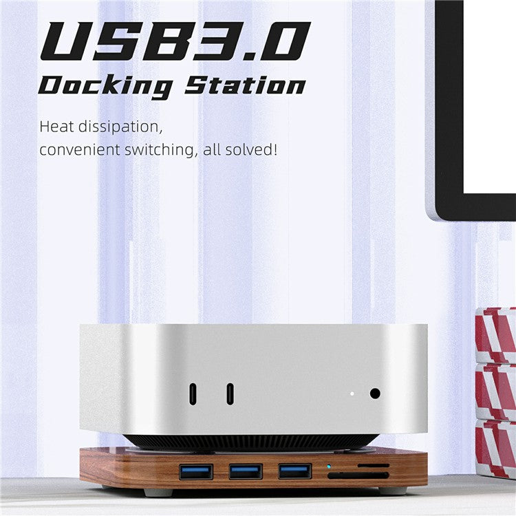 AJM4-H For Mac Mini M4 / M4 Pro Wooden Expansion Dock USB 3.0 Hub Stand with TF / SD Card Reader Base - TechGearPal