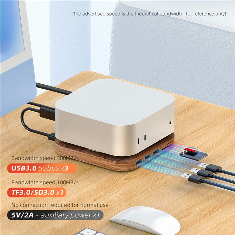 AJM4-H For Mac Mini M4 / M4 Pro Wooden Expansion Dock USB 3.0 Hub Stand with TF / SD Card Reader Base - TechGearPal