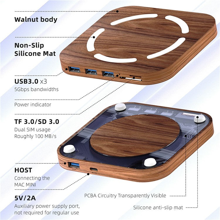 AJM4-H For Mac Mini M4 / M4 Pro Wooden Expansion Dock USB 3.0 Hub Stand with TF / SD Card Reader Base - TechGearPal