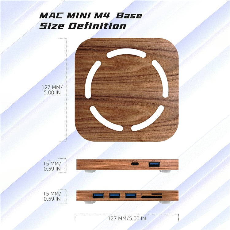 AJM4-H For Mac Mini M4 / M4 Pro Wooden Expansion Dock USB 3.0 Hub Stand with TF / SD Card Reader Base - TechGearPal