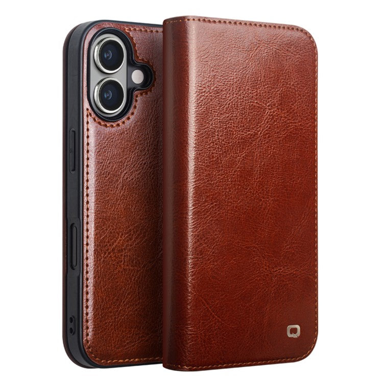QIALINO For iPhone 16 Case Genuine Cow Leather Card Holder Stand Flip Phone Cover - TechGearPal