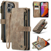 For iPhone 16 Pro Max Phone Cases with Strap CASEME C30 Zipper Multiple Card Holder PU Leather Cover - TechGearPal