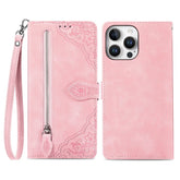 For iPhone 16 Pro Max Zipper Wallet Case with Strap Flower Imprint PU Leather Phone Cover - TechGearPal