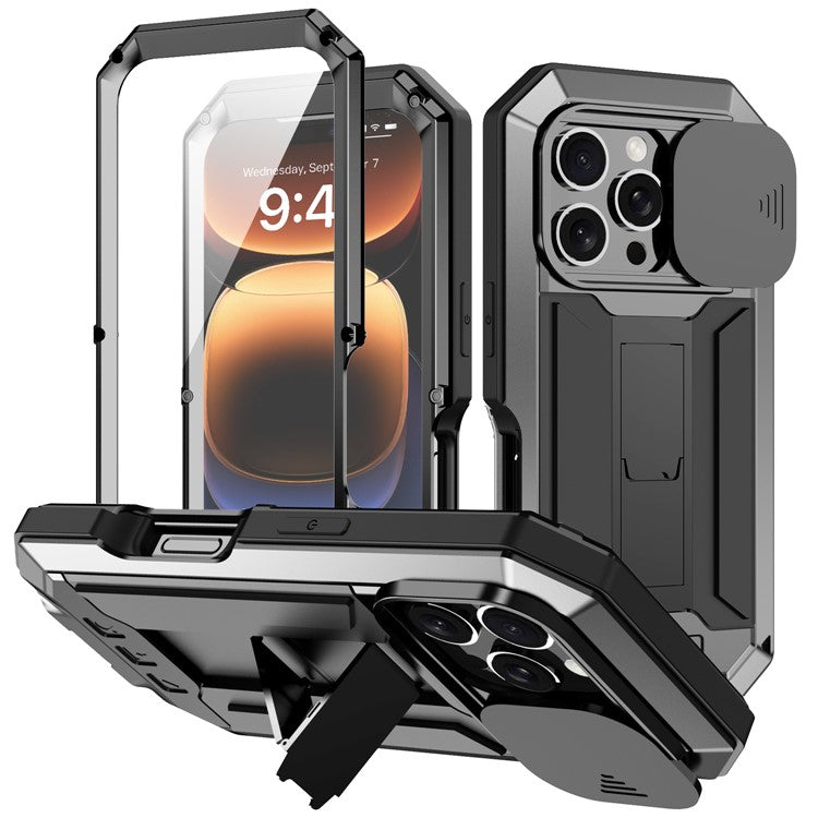R-JUST For iPhone 16 Pro Kickstand Case Silicone+Metal+PC+Tempered Glass Screen Film Phone Cover - TechGearPal