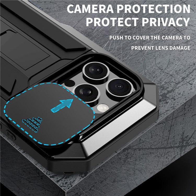 R-JUST For iPhone 16 Pro Kickstand Case Silicone+Metal+PC+Tempered Glass Screen Film Phone Cover - TechGearPal