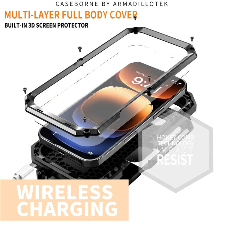 R-JUST For iPhone 16 Pro Kickstand Case Silicone+Metal+PC+Tempered Glass Screen Film Phone Cover - TechGearPal