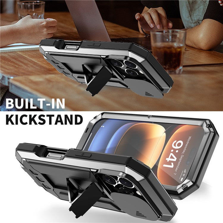 R-JUST For iPhone 16 Pro Kickstand Case Silicone+Metal+PC+Tempered Glass Screen Film Phone Cover - TechGearPal