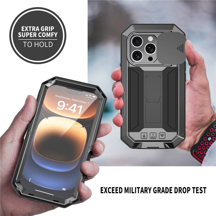 R-JUST For iPhone 16 Pro Kickstand Case Silicone+Metal+PC+Tempered Glass Screen Film Phone Cover - TechGearPal