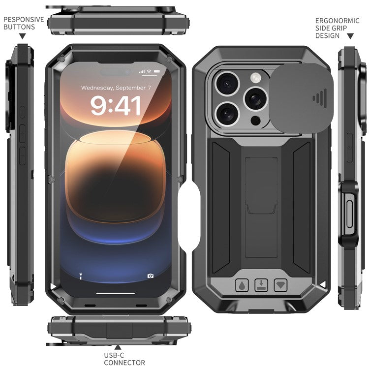 R-JUST For iPhone 16 Pro Kickstand Case Silicone+Metal+PC+Tempered Glass Screen Film Phone Cover - TechGearPal