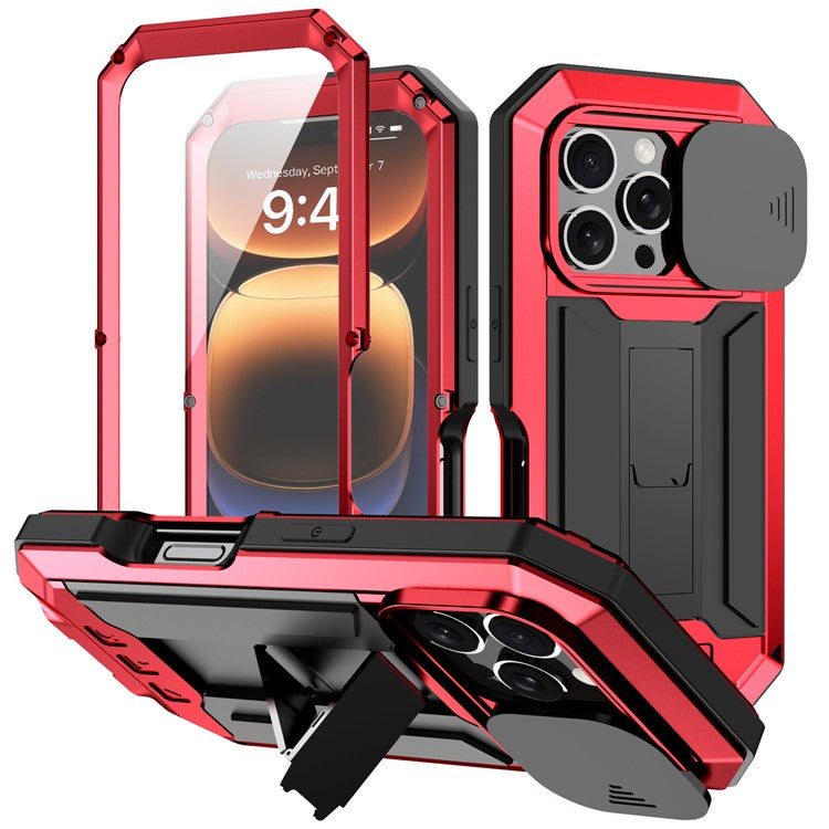 R-JUST For iPhone 16 Pro Kickstand Case Silicone+Metal+PC+Tempered Glass Screen Film Phone Cover - TechGearPal