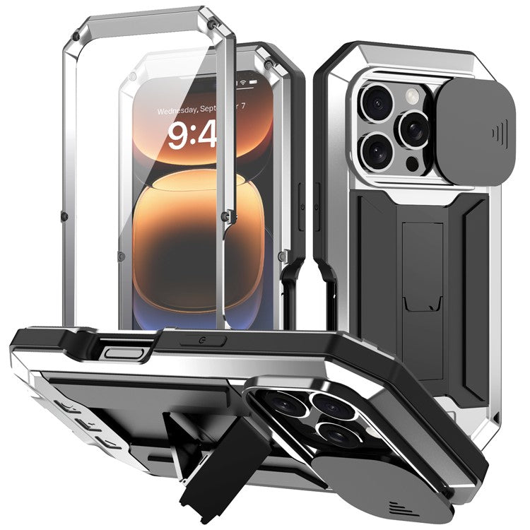 R-JUST For iPhone 16 Pro Kickstand Case Silicone+Metal+PC+Tempered Glass Screen Film Phone Cover - TechGearPal