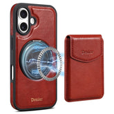 DENIOR D22 For iPhone 16 Plus Case Detachable Card Bag Rotary Kickstand Genuine Cow Leather Phone Back Cove - TechGearPal