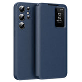 Étui en cuir pour Samsung Galaxy S25 Ultra avec fenêtre transparente et fente pour carte