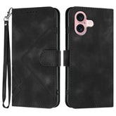 For iPhone 16 Wallet Case Line Imprinted PU Leather Phone Cover with Strap - TechGearPal
