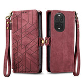 Étui portefeuille à fermeture éclair en cuir avec sangle pour Huawei Nova 13 Pro 5G Motif géométrique