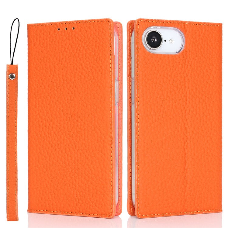 For iPhone 16e Wallet Case Genuine Cow Leather Phone Cover Litchi Texture - TechGearPal