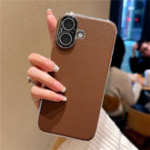 For iPhone 16 Case Electroplating Edge Litchi Texture Leather + PC Phone Cover - TechGearPal