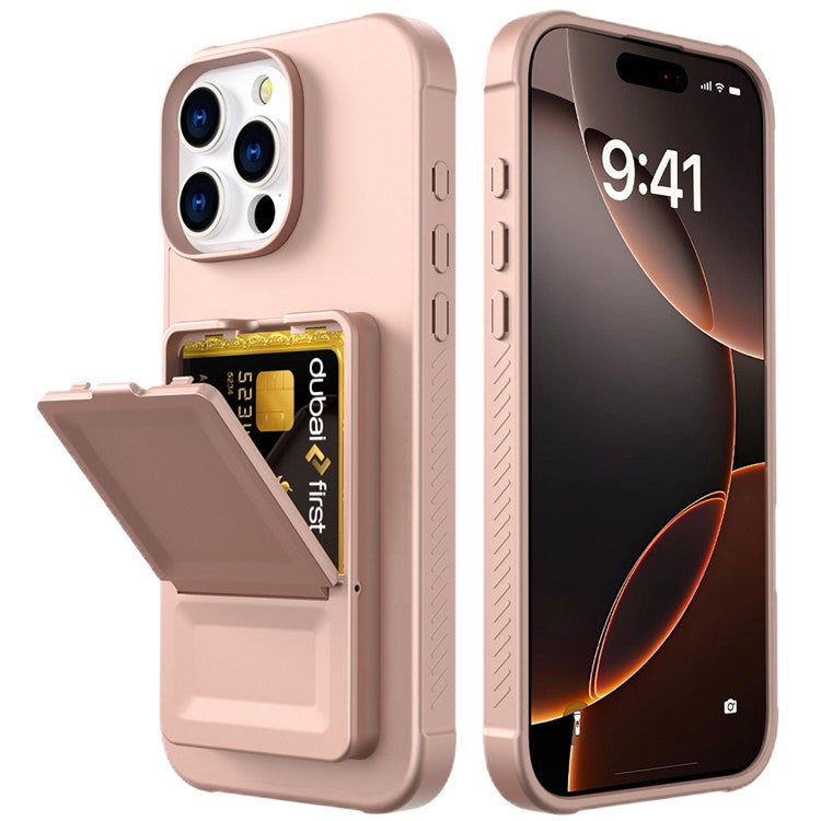 For iPhone 16 Pro Max Case Skin-Touch Card Holder TPU + PC Phone Cover with Mirror Kickstand - TechGearPal