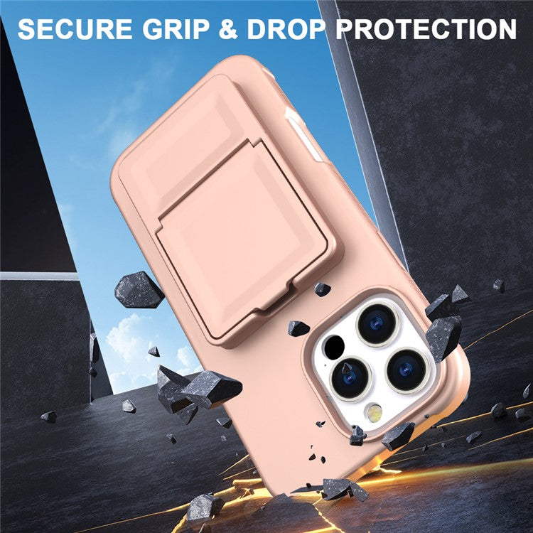 For iPhone 16 Pro Max Case Skin-Touch Card Holder TPU + PC Phone Cover with Mirror Kickstand - TechGearPal