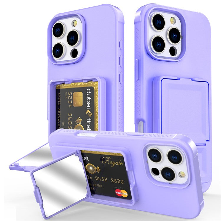 For iPhone 16 Pro Max Case Skin-Touch Card Holder TPU + PC Phone Cover with Mirror Kickstand - TechGearPal