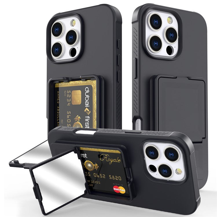 For iPhone 16 Pro Max Case Skin-Touch Card Holder TPU + PC Phone Cover with Mirror Kickstand - TechGearPal