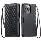 For iPhone 13 Pro Leather Case Rhombus Texture Wallet Stand Phone Cover with Wrist Strap - TechGearPal