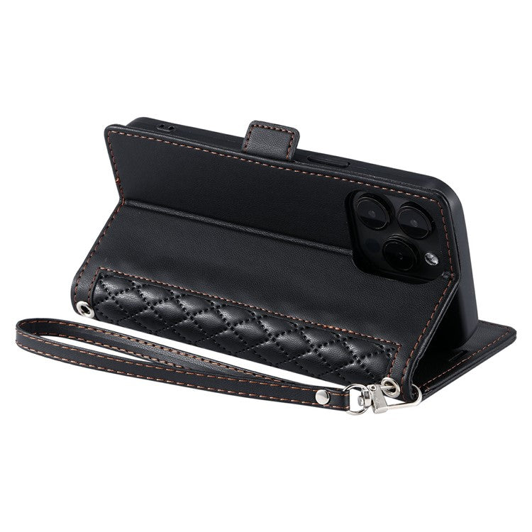 For iPhone 13 Pro Leather Case Rhombus Texture Wallet Stand Phone Cover with Wrist Strap - TechGearPal