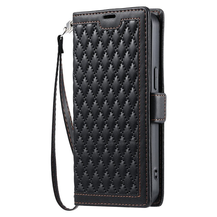 For iPhone 13 Pro Leather Case Rhombus Texture Wallet Stand Phone Cover with Wrist Strap - TechGearPal