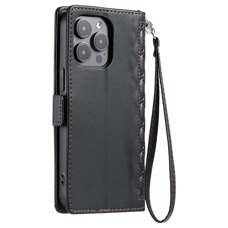 For iPhone 13 Pro Leather Case Rhombus Texture Wallet Stand Phone Cover with Wrist Strap - TechGearPal