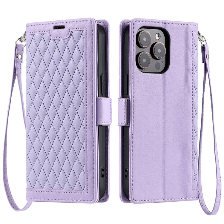For iPhone 13 Pro Leather Case Rhombus Texture Wallet Stand Phone Cover with Wrist Strap - TechGearPal