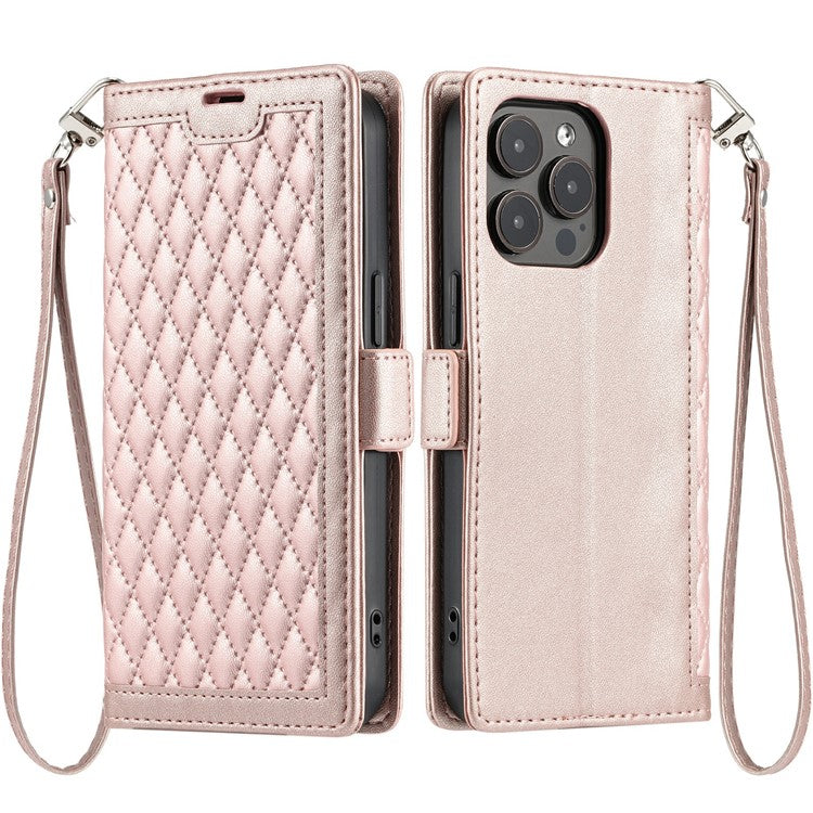 For iPhone 13 Pro Leather Case Rhombus Texture Wallet Stand Phone Cover with Wrist Strap - TechGearPal
