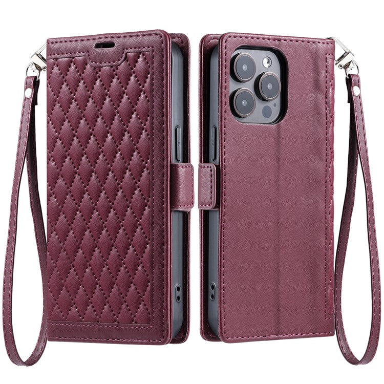For iPhone 13 Pro Leather Case Rhombus Texture Wallet Stand Phone Cover with Wrist Strap - TechGearPal