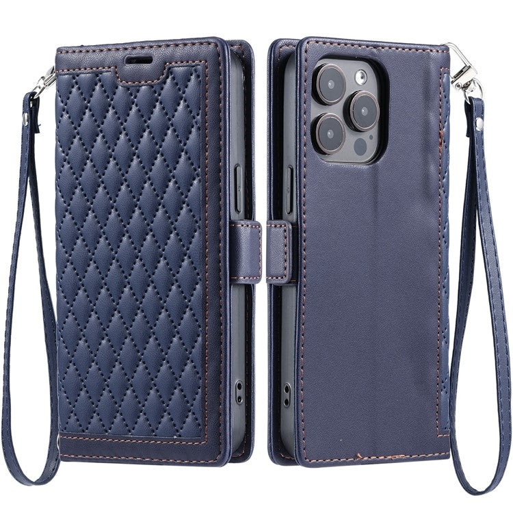 For iPhone 13 Pro Leather Case Rhombus Texture Wallet Stand Phone Cover with Wrist Strap - TechGearPal
