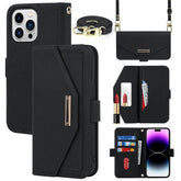 For iPhone 15 Pro Max Stand Case Cross Texture PU Leather Wallet Phone Cover with Shoulder Strap / Makeup Mirror - TechGearPal