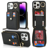 For iPhone 14 Pro Max Case with Zipper Pouch / Ring Kickstand / Strap Litchi Texture PU + TPU Phone Cover - TechGearPal