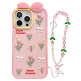 For iPhone 16 Pro Max Silicone Case Cute 3D Tulip Design Shockproof Phone Back Cover with Lanyard