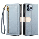 ESEBLE E11 For iPhone 14 Pro Max Case Zipper Pocket Litchi Texture Leather Phone Cover with Mirror and Wrist Strap - TechGearPal