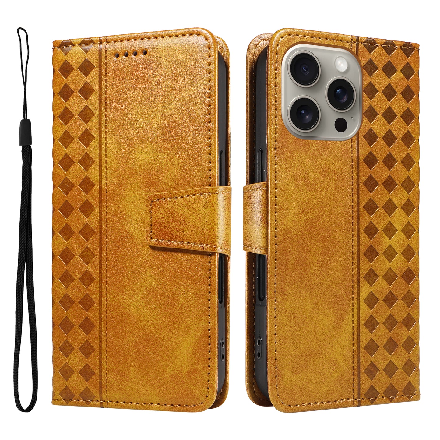 For iPhone 15 Pro Max Leather Case Wallet Stand Grids Imprinted Phone Cover with Strap - TechGearPal