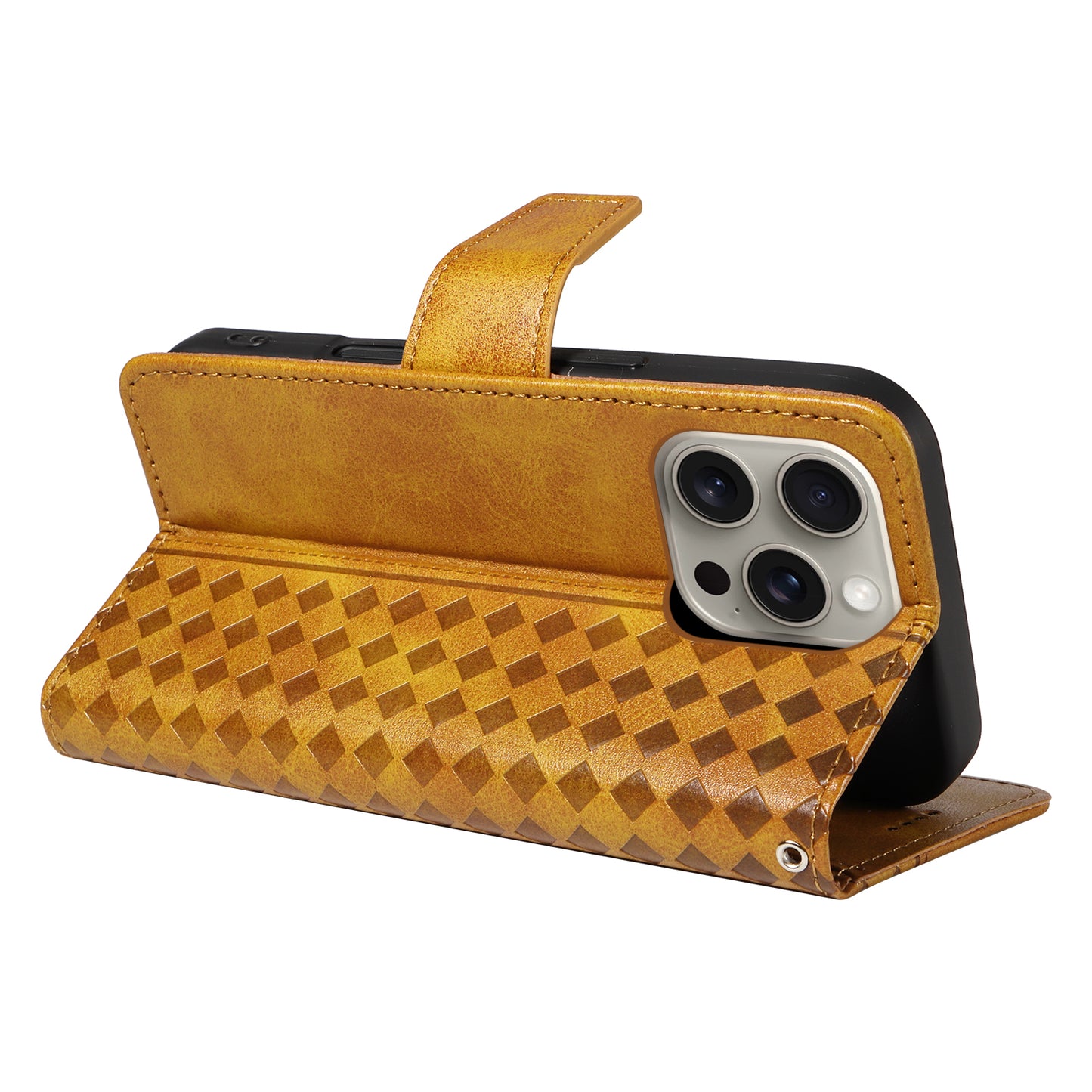 For iPhone 15 Pro Max Leather Case Wallet Stand Grids Imprinted Phone Cover with Strap - TechGearPal