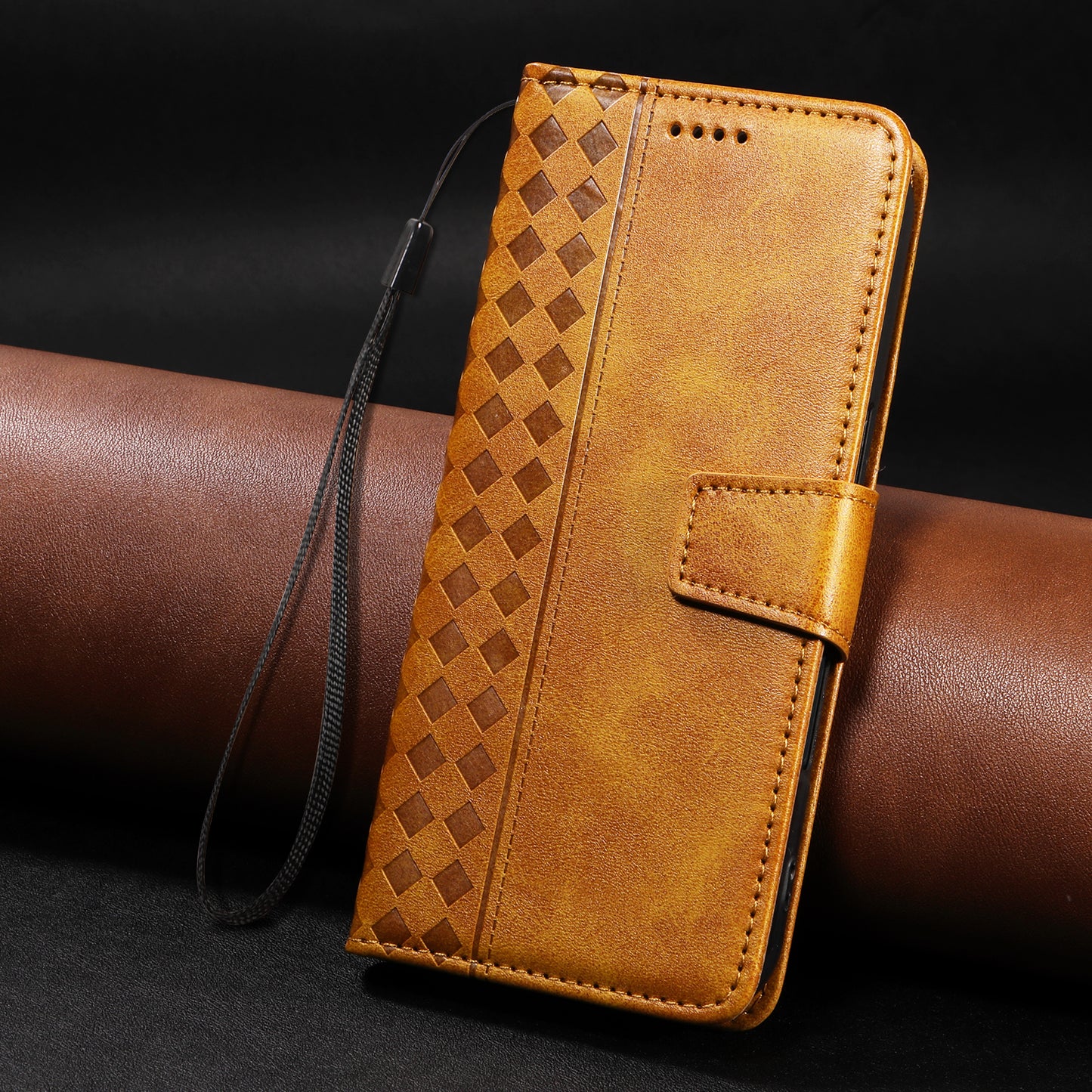 For iPhone 15 Pro Max Leather Case Wallet Stand Grids Imprinted Phone Cover with Strap - TechGearPal