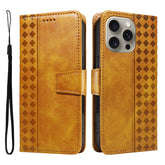 For iPhone 15 Pro Max Leather Case Wallet Stand Grids Imprinted Phone Cover with Strap - TechGearPal