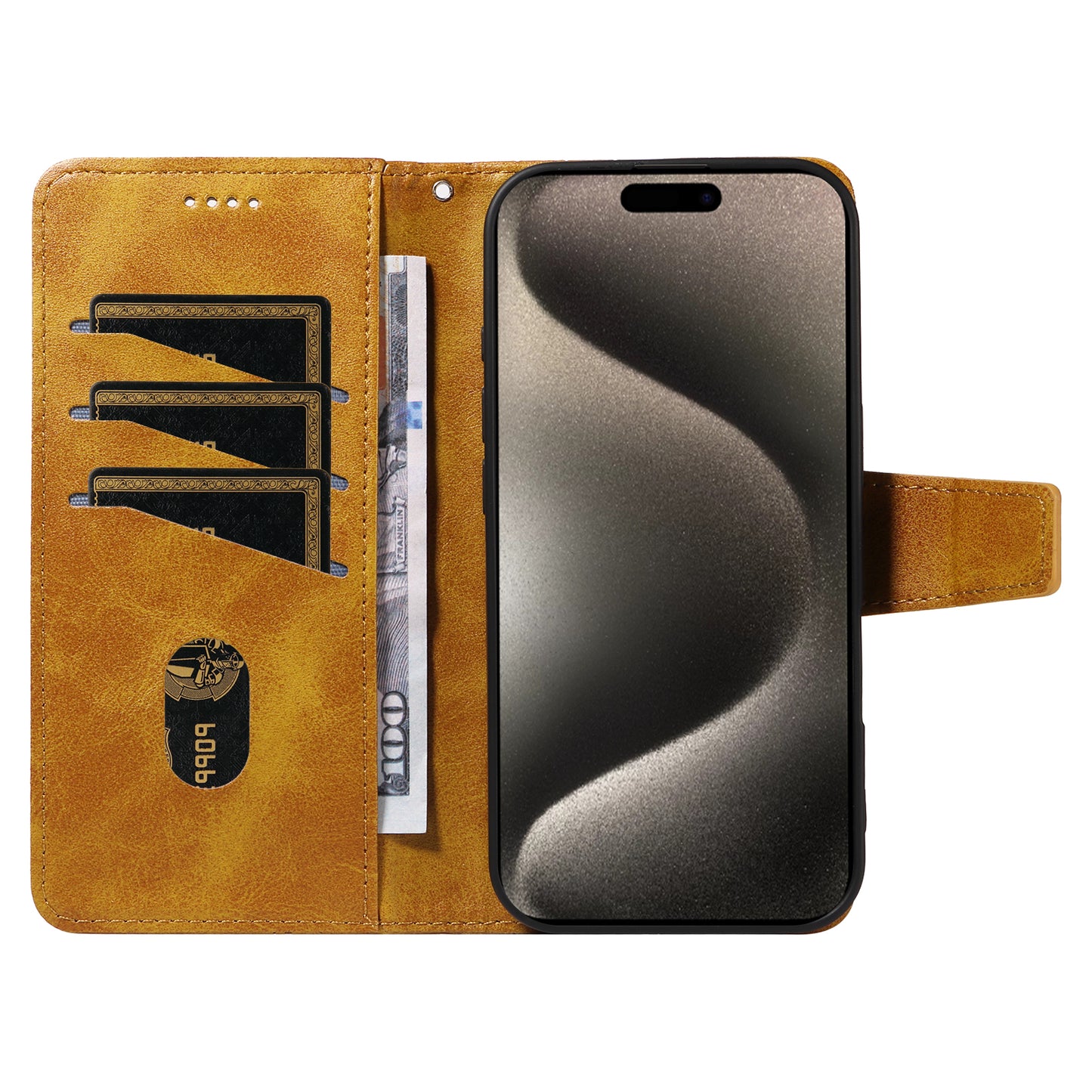 For iPhone 15 Pro Max Leather Case Wallet Stand Grids Imprinted Phone Cover with Strap - TechGearPal