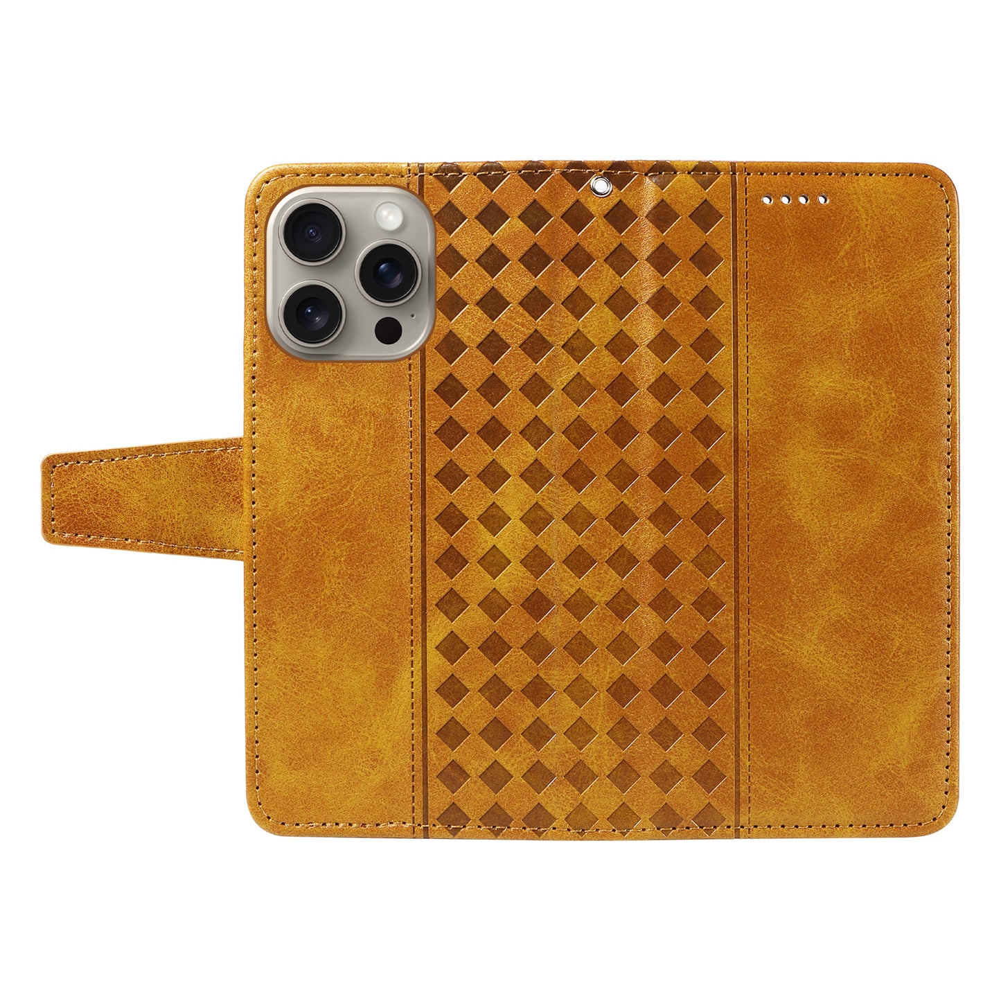 For iPhone 15 Pro Max Leather Case Wallet Stand Grids Imprinted Phone Cover with Strap - TechGearPal