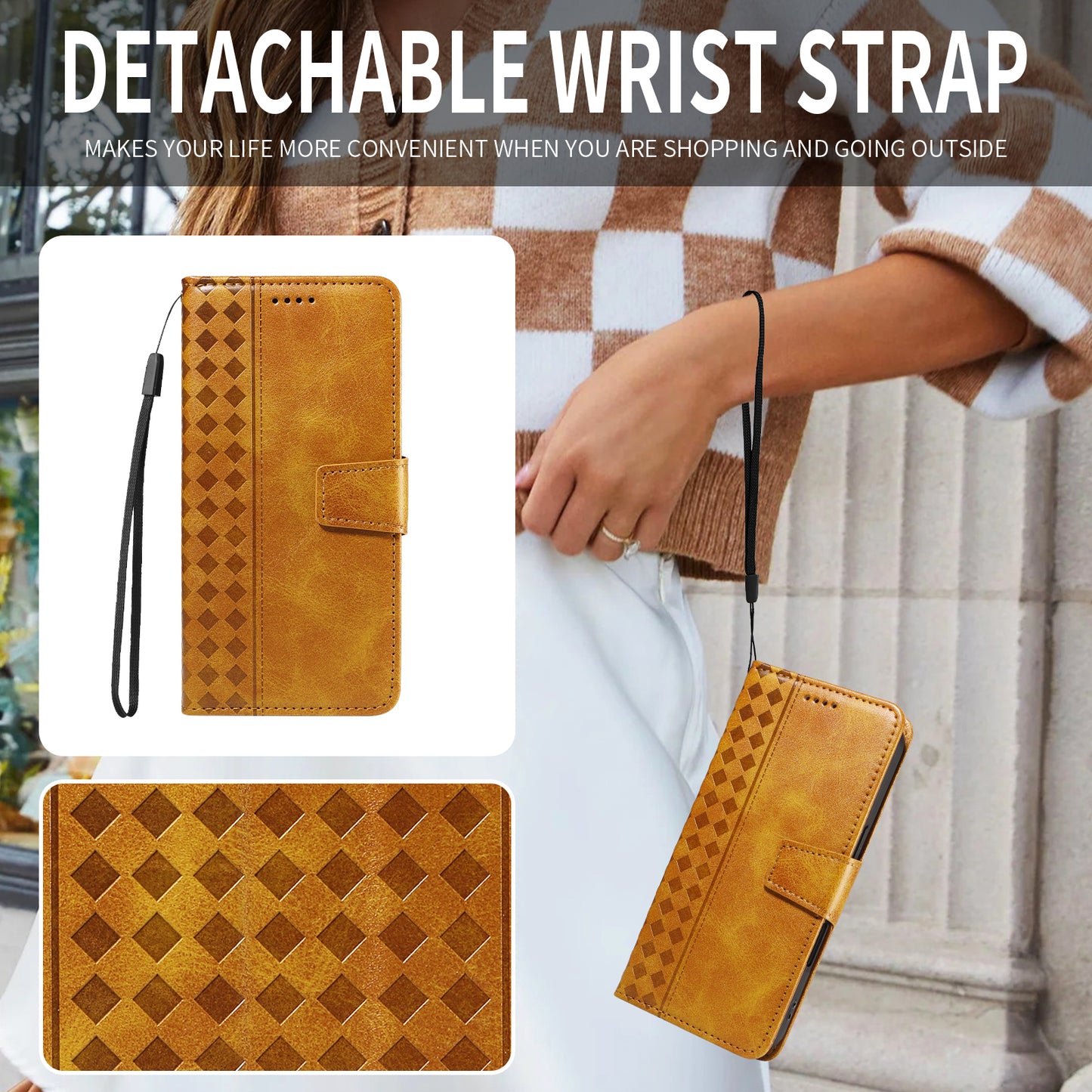 For iPhone 15 Pro Max Leather Case Wallet Stand Grids Imprinted Phone Cover with Strap - TechGearPal