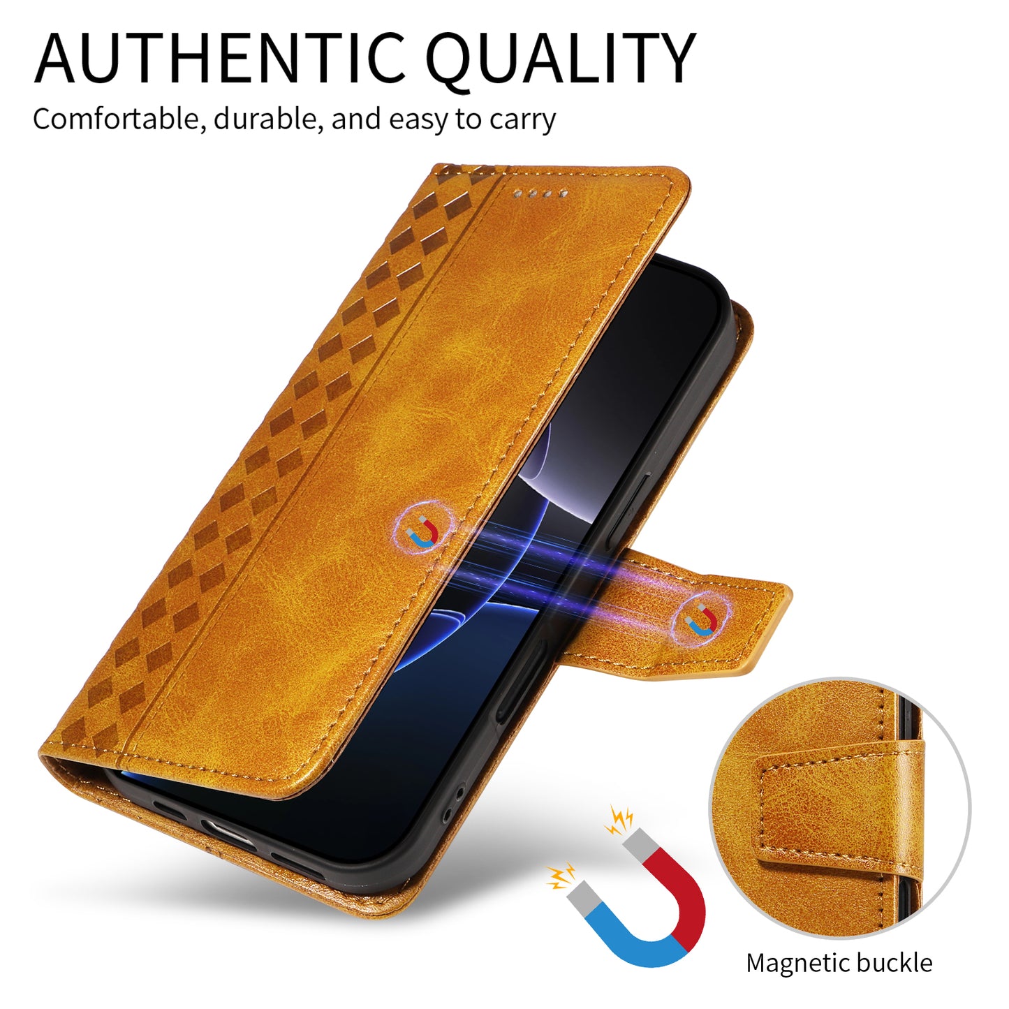 For iPhone 15 Pro Max Leather Case Wallet Stand Grids Imprinted Phone Cover with Strap - TechGearPal