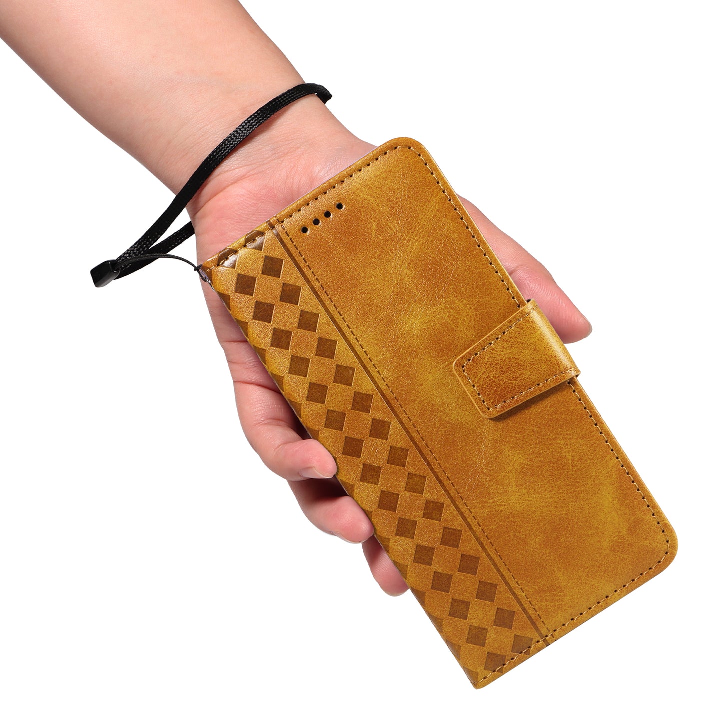 For iPhone 15 Pro Max Leather Case Wallet Stand Grids Imprinted Phone Cover with Strap - TechGearPal